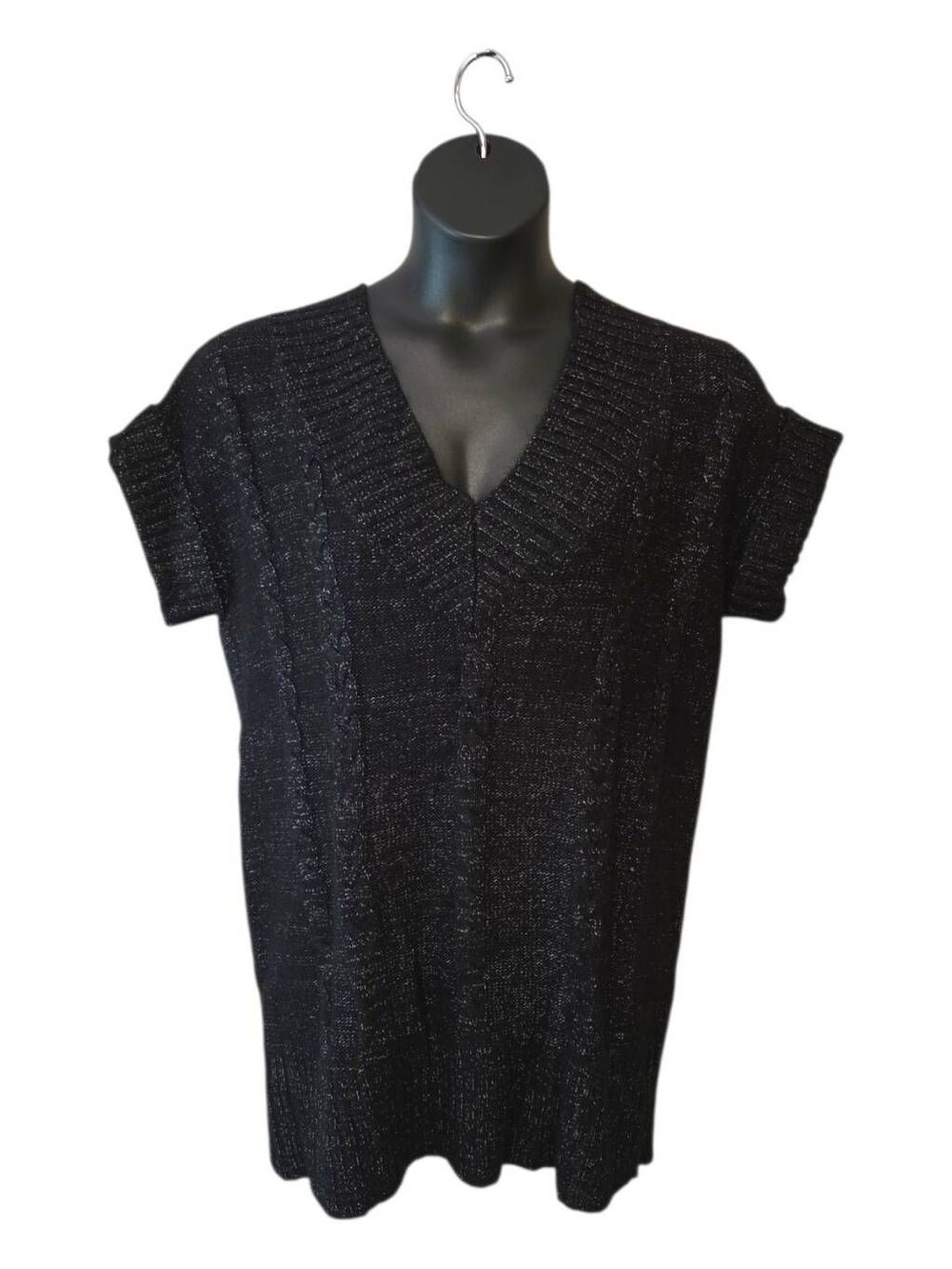 ​Alfani Black White Marled Cable Knit V-Neck Short Sleeve Sweater Top, Size L